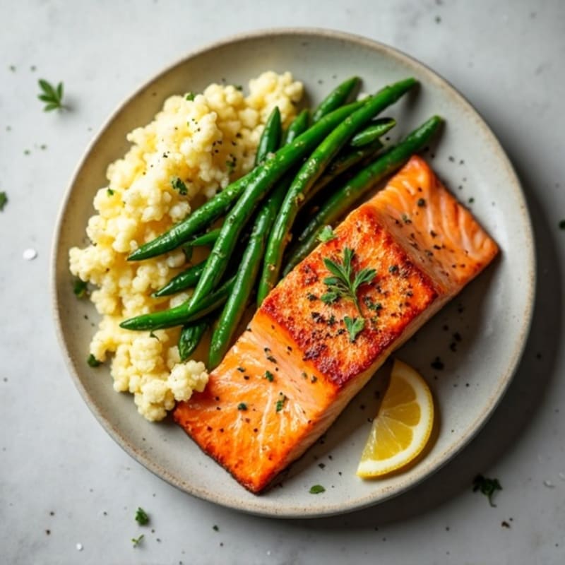 Seared Salmon with Garlic Green Beans and Cauliflower Mash