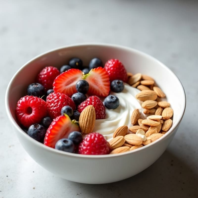 Creamy Coconut Yogurt with Fresh Berries, Crunchy Almonds, and Plant Protein