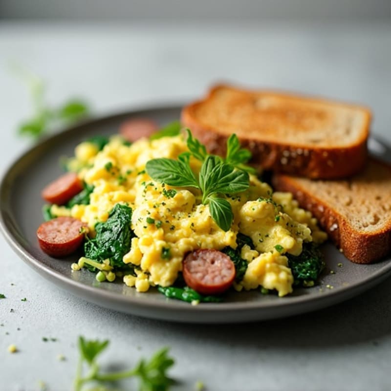 Egg White Scramble with Sautéed Spinach and Turkey Sausage