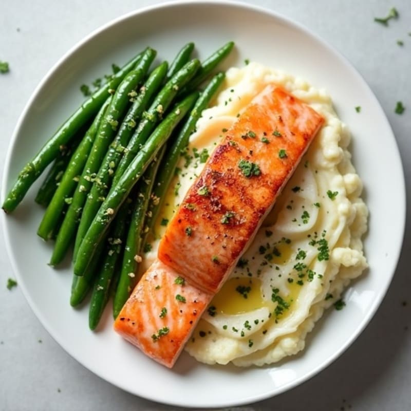 Seared Salmon with Garlic Green Beans and Cauliflower Mash