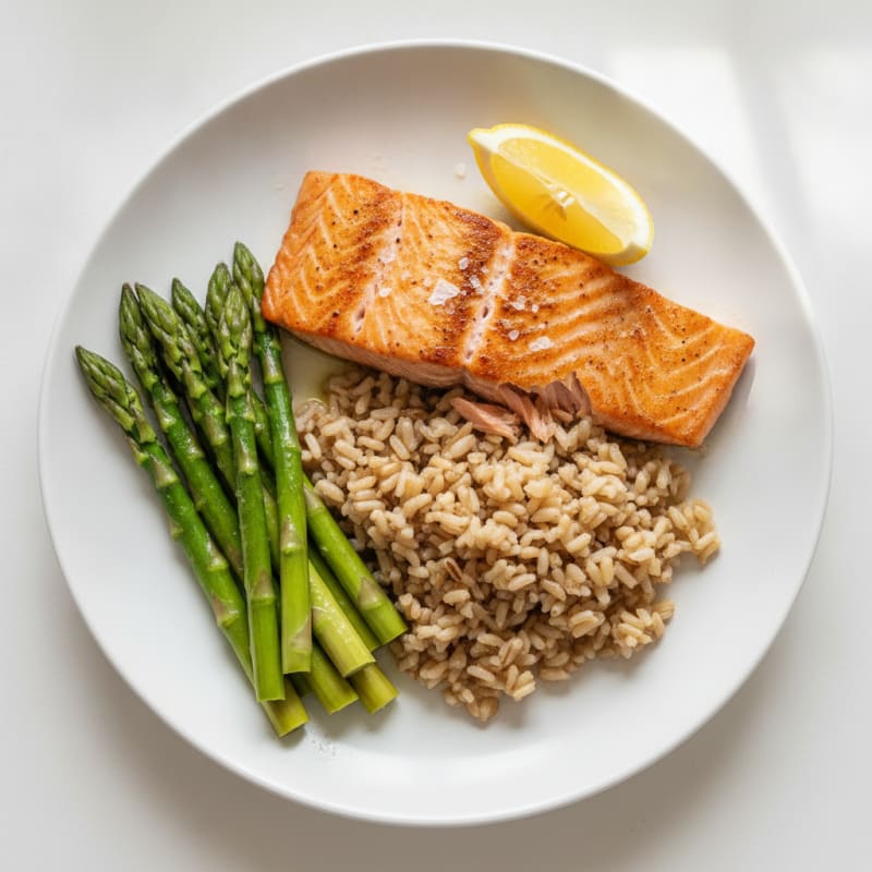 Seared Salmon with Steamed Asparagus and Brown Rice