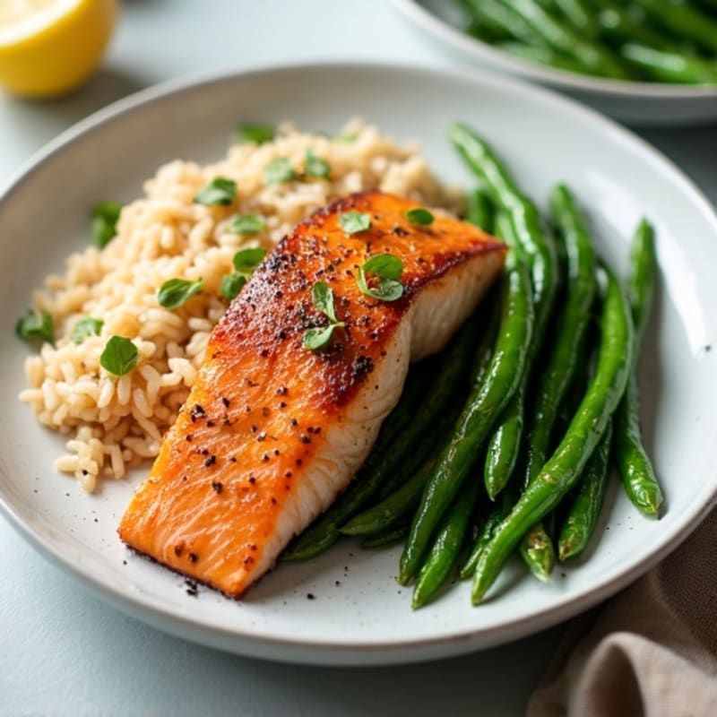 Seared Salmon Fillet with Garlic Green Beans and Brown Rice