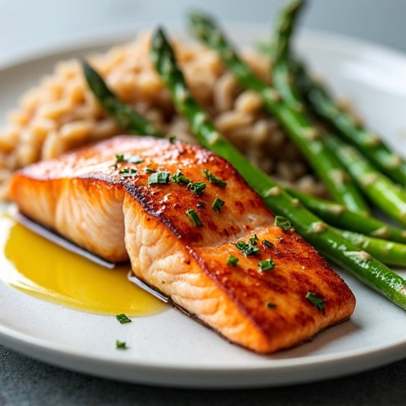 Seared Salmon Fillet with Steamed Asparagus and Brown Rice