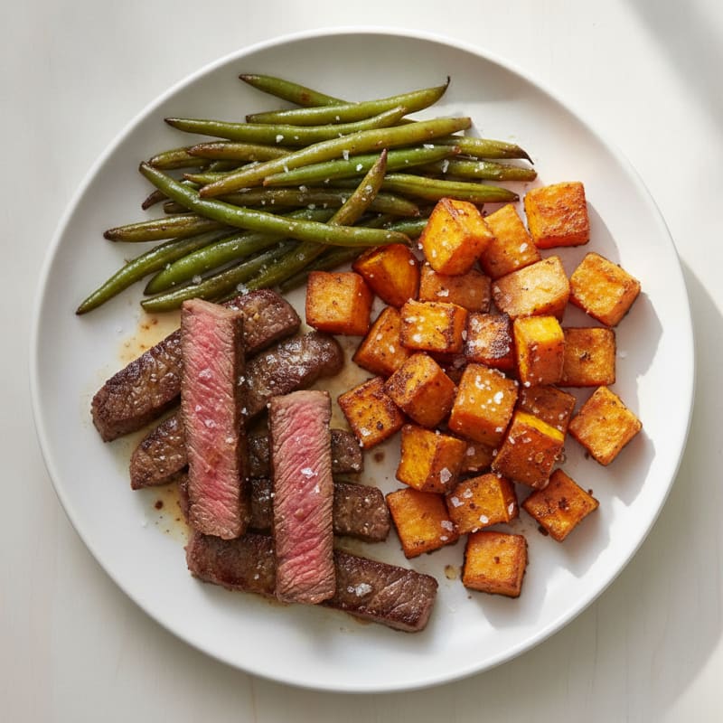Seared Lean Beef Strips with Roasted Sweet Potato and Green Beans