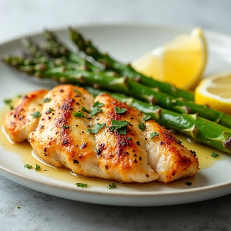 Crispy Pan-Seared Lemon-Herb Chicken Slices with Roasted Asparagus