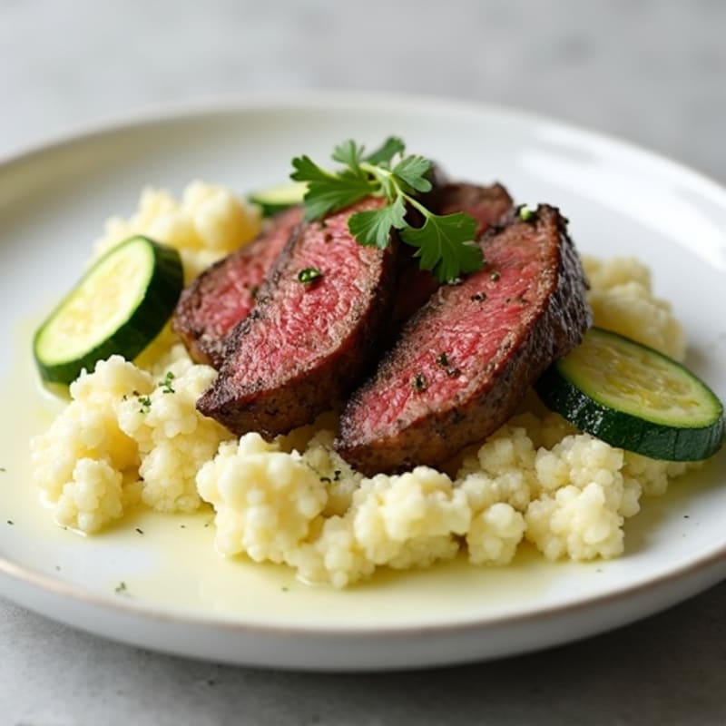 Seared Lean Beef Strips with Sautéed Zucchini and Cauliflower Mash