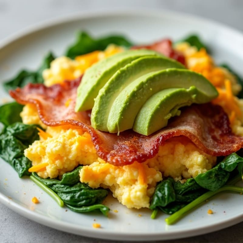 Crispy Turkey Bacon and Egg Scramble with Fresh Spinach, Cheese, and Creamy Avocado
