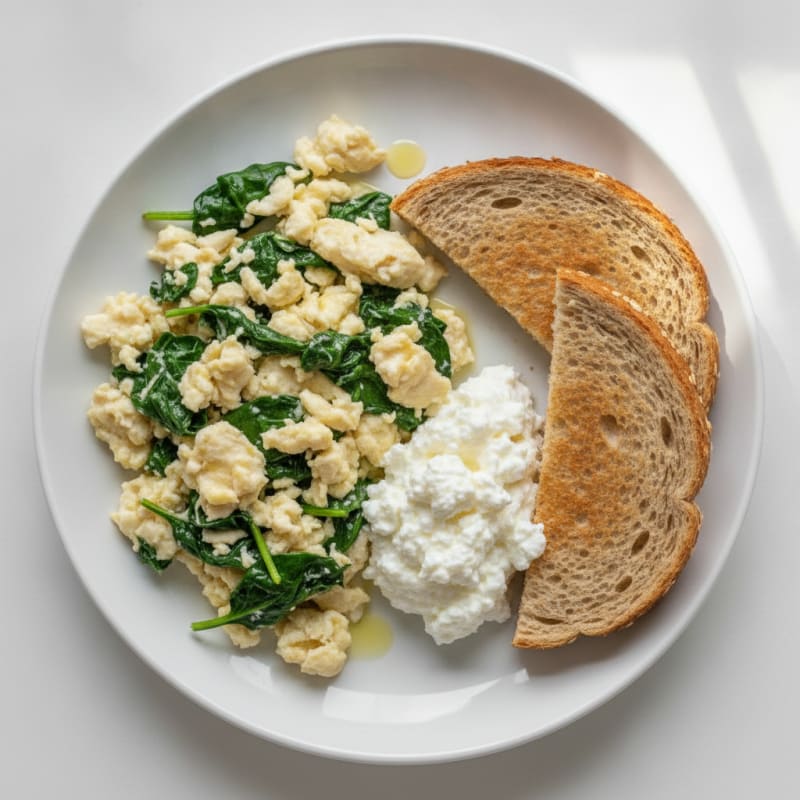 Egg White and Spinach Scramble with Cottage Cheese and Sliced Turkey