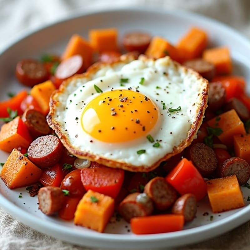 Crispy Sweet Potato Hash with Turkey Sausage and Fried Egg