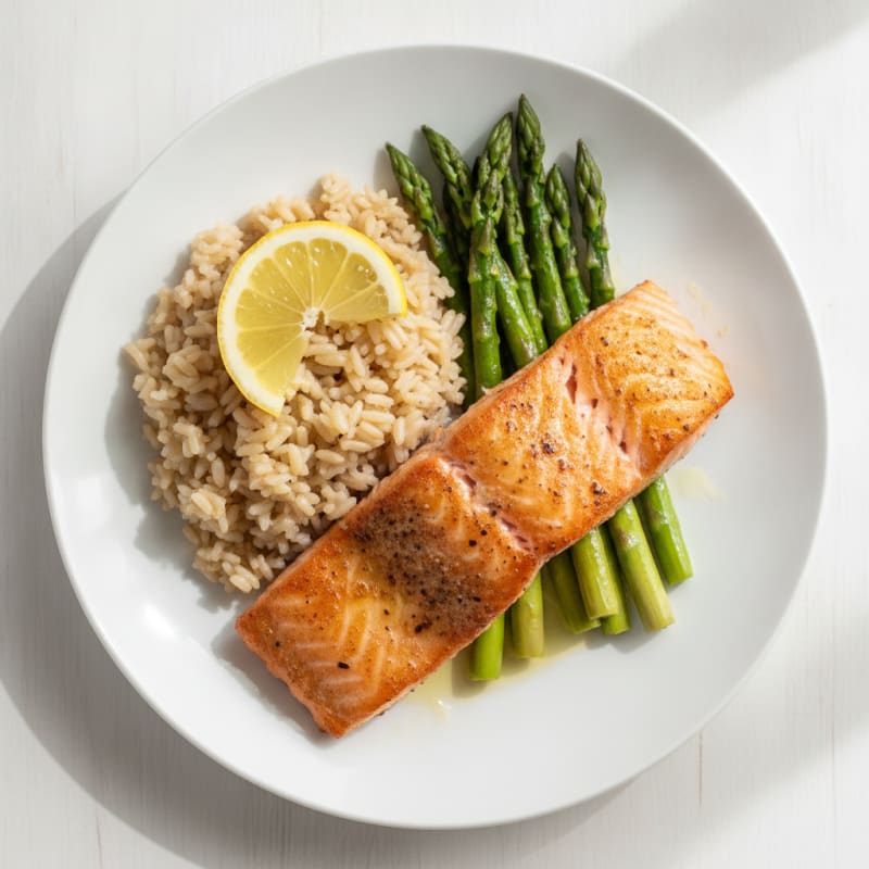 Seared Salmon with Steamed Asparagus and Brown Rice