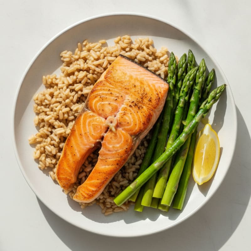 Seared Salmon with Steamed Asparagus and Brown Rice