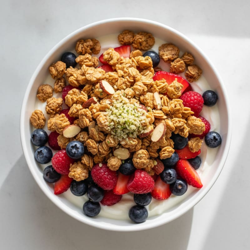 Greek Yogurt Parfait with Crunchy Almond Granola and Mixed Berries