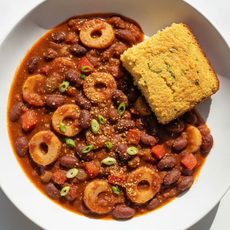 Spicy Hearts of Palm Chili with Protein Cornbread
