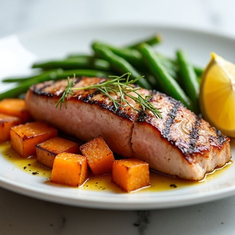 Seared Tuna Steak with Roasted Sweet Potato and Green Beans