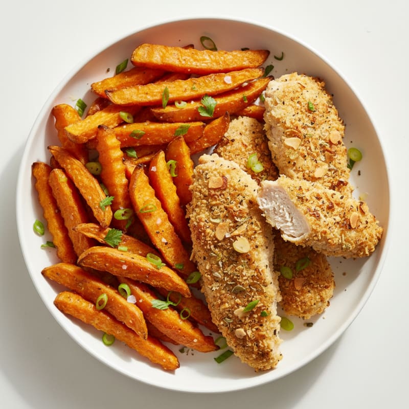 Crispy Baked Sweet Potato Fries with Herb-Crusted Chicken