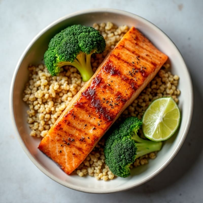 Crispy Chili-Lime Salmon with Roasted Broccoli Quinoa Bowl