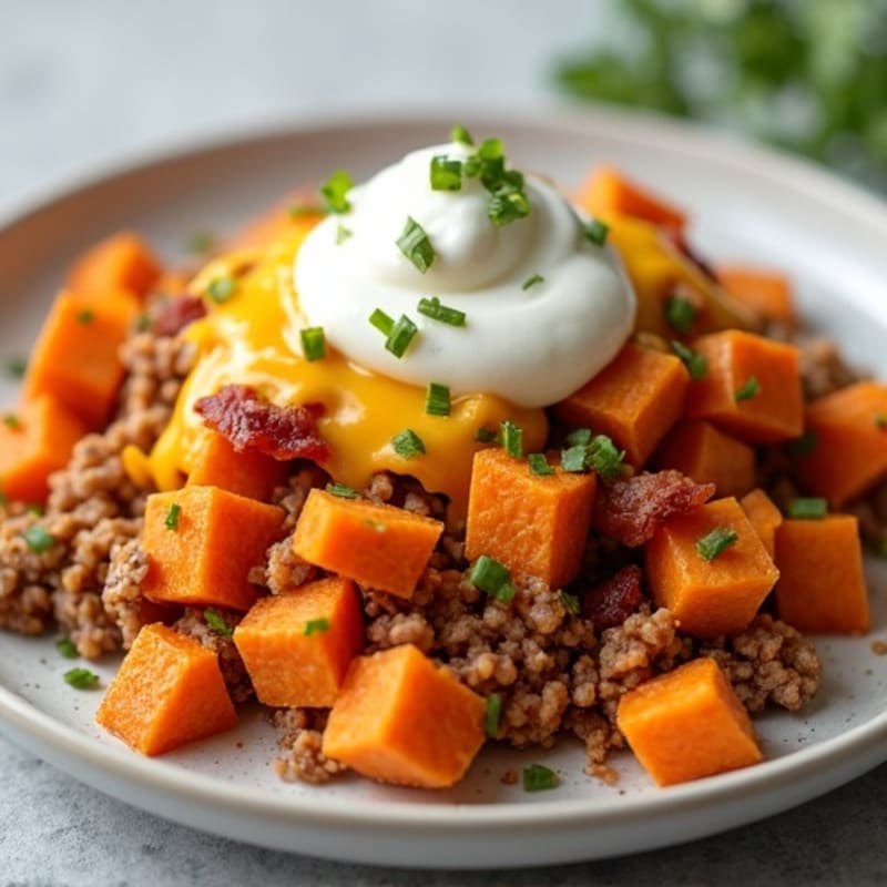 Crispy Sweet Potato Hash with Lean Ground Turkey, Smoky Bacon, and Creamy Cheesy Sauce