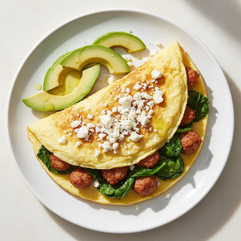 Egg White Omelette with Turkey Sausage and Sautéed Spinach