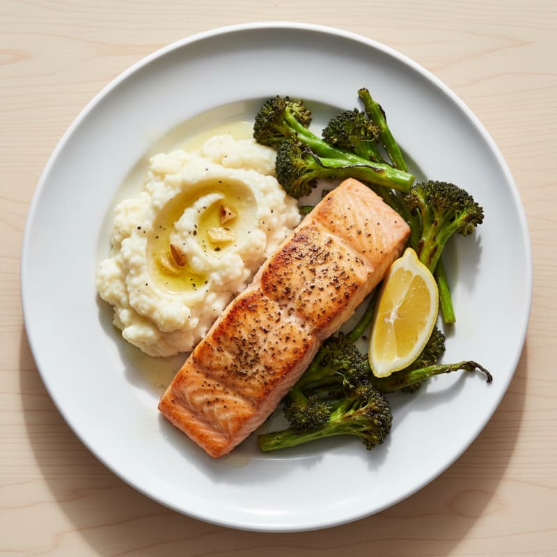 Seared Salmon with Roasted Broccoli and Garlic Mashed Cauliflower