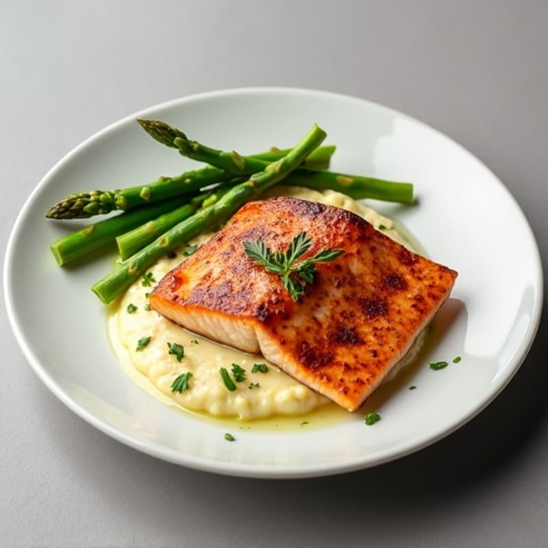 Seared Salmon with Steamed Asparagus and Cauliflower Mash