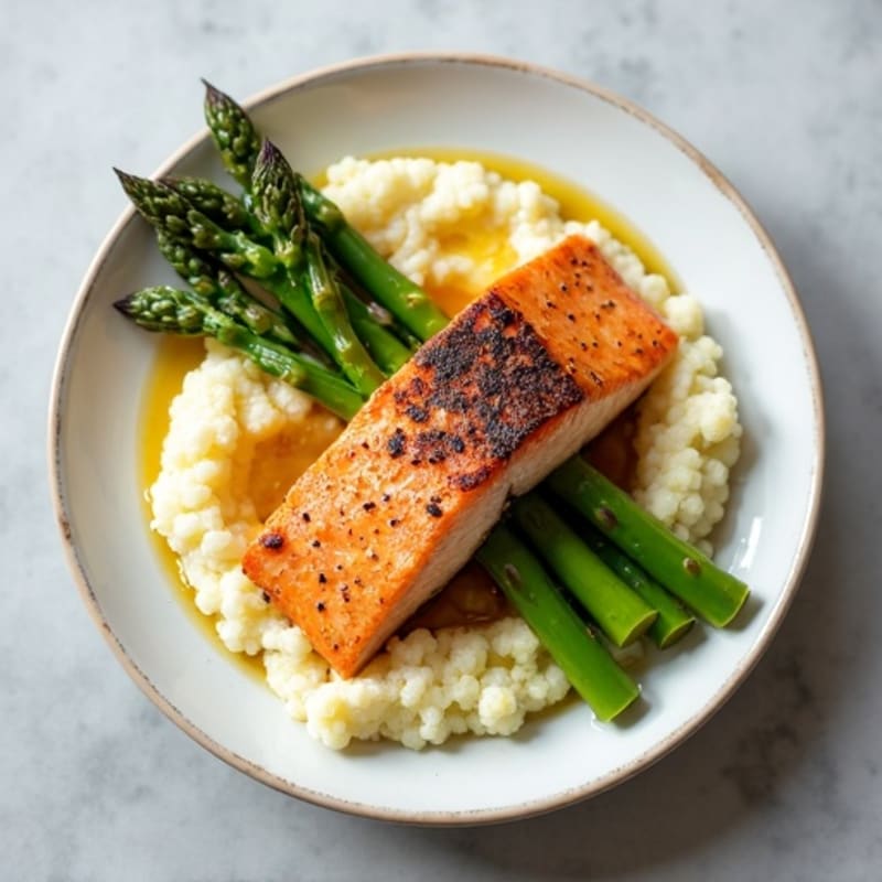 Seared Salmon with Steamed Asparagus and Garlic Mashed Cauliflower