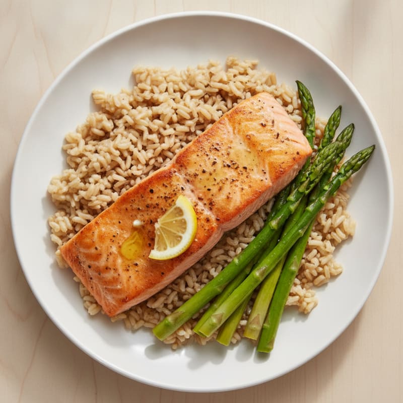 Seared Salmon with Steamed Asparagus and Brown Rice