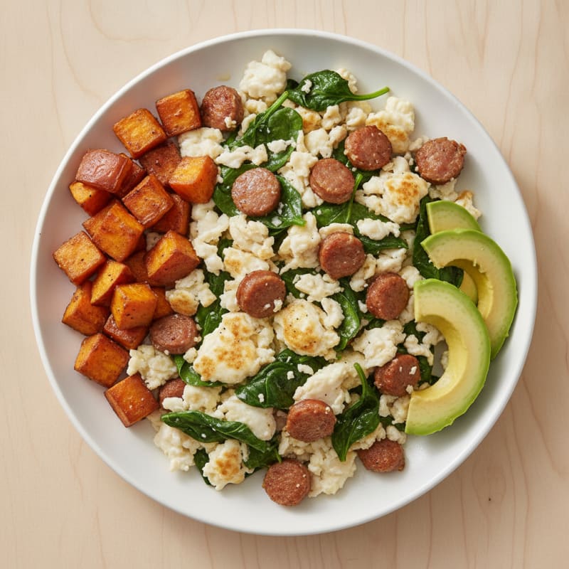 Egg White and Turkey Sausage Scramble with Sautéed Spinach