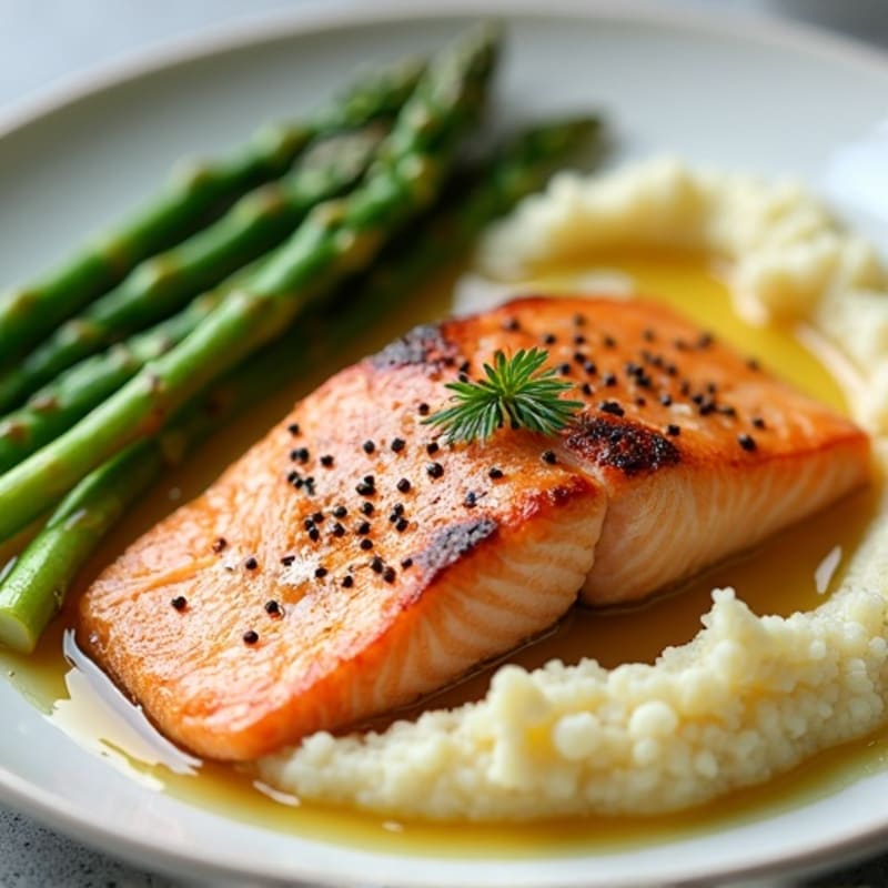 Seared Salmon Fillet with Steamed Asparagus and Cauliflower Mash