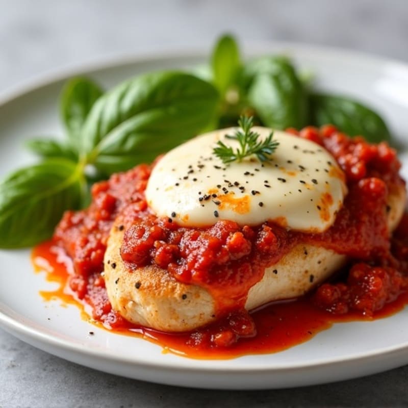 Baked Chicken Breast with Turkey Pepperoni, Rich Marinara, and Melty Mozzarella