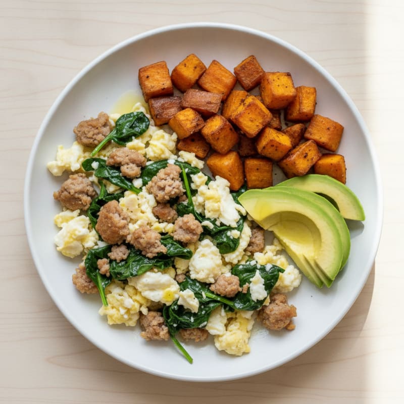 Scrambled Egg Whites with Turkey Sausage and Sautéed Spinach
