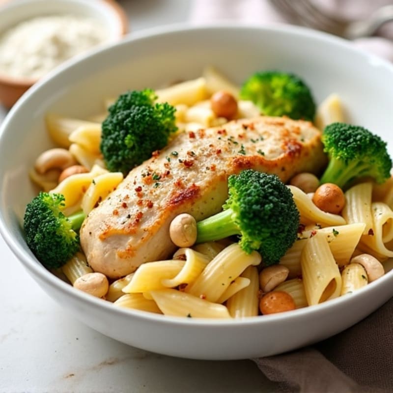 Creamy Cashew Alfredo Pasta with Roasted Chicken and Tender Broccoli