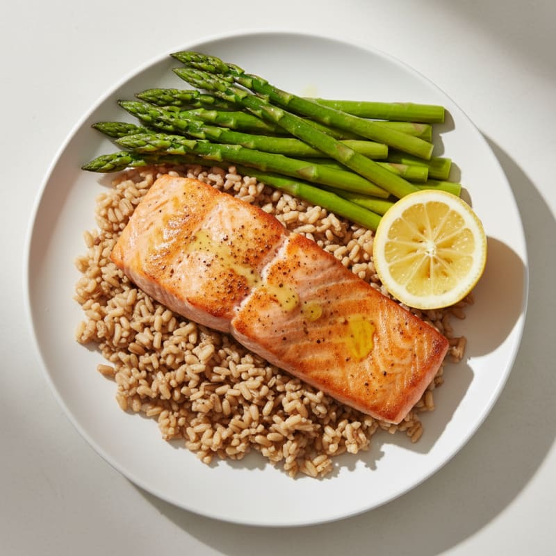 Seared Salmon with Steamed Asparagus and Brown Rice