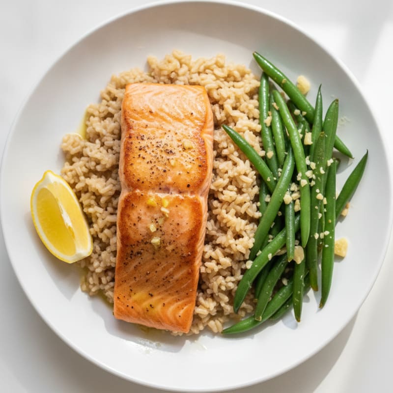 Seared Salmon with Garlic Green Beans and Brown Rice