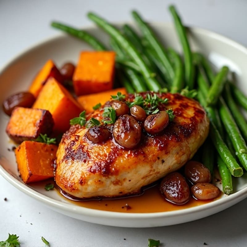 Sticky Date-Glazed Chicken with Roasted Sweet Potatoes and Green Beans