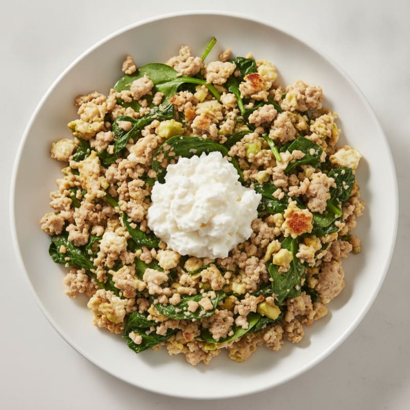 Egg White and Turkey Spinach Scramble with Cottage Cheese