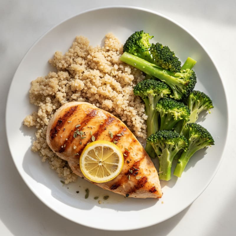 Grilled Chicken Breast with Steamed Broccoli and Quinoa