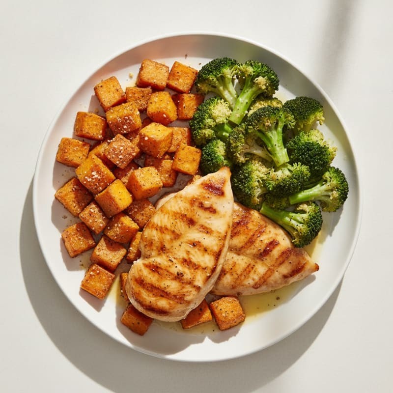Seared Chicken Breast with Roasted Sweet Potato and Steamed Broccoli