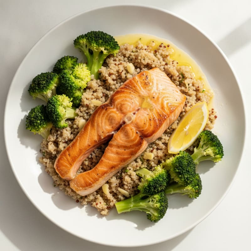 Seared Salmon Fillet with Steamed Broccoli and Garlic Quinoa