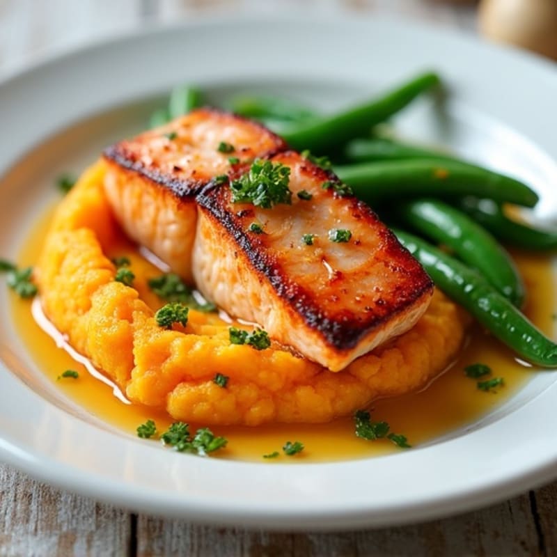 Seared Salmon with Garlic Green Beans and Sweet Potato Mash