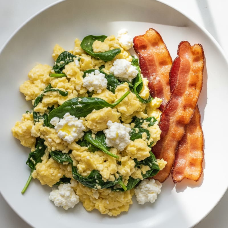 Cottage Cheese Egg Scramble with Spinach and Turkey Bacon