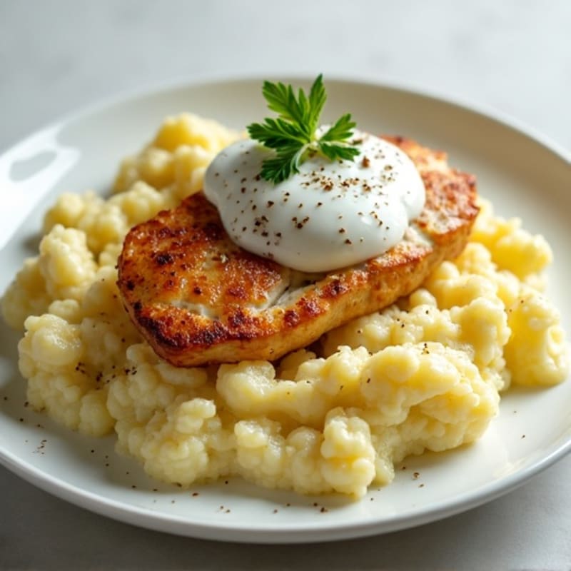 Creamy Cauliflower-Potato Mash with Roasted Garlic and Chicken