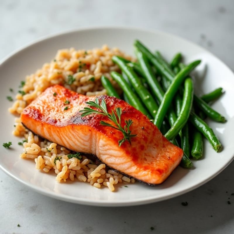 Seared Salmon with Steamed Green Beans and Brown Rice