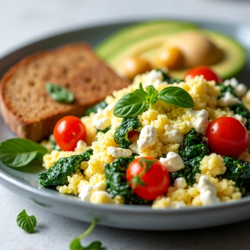 Egg White Spinach Scramble with Cottage Cheese and Cherry Tomatoes