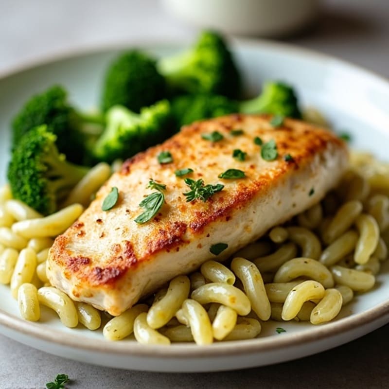 Pan-Seared Chicken with Creamy Pesto Whole Wheat Pasta and Roasted Broccoli