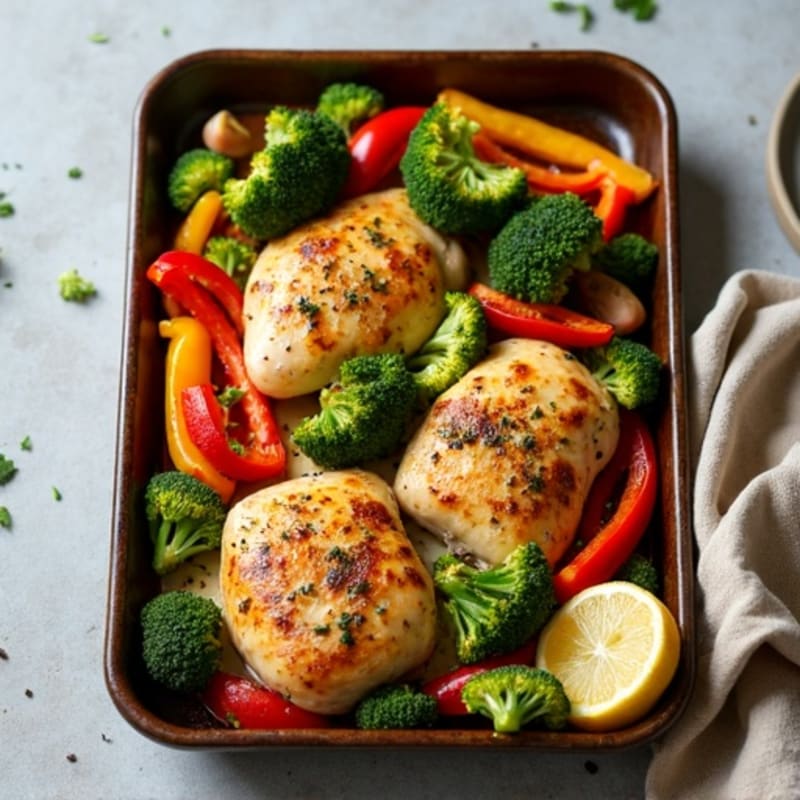 Sheet Pan Lemon Garlic Chicken with Roasted Broccoli and Bell Peppers