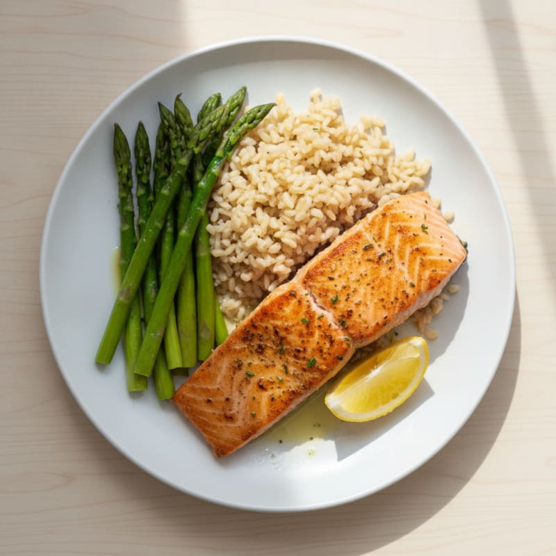 Seared Salmon with Steamed Asparagus and Brown Rice