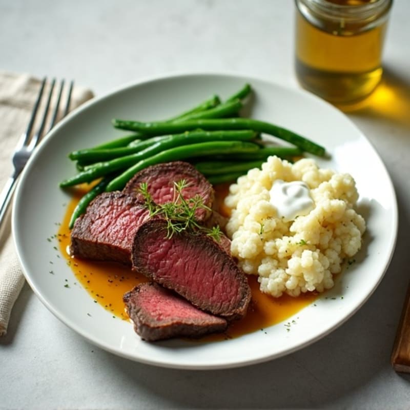 Seared Lean Beef with Steamed Green Beans and Garlic Mashed Cauliflower