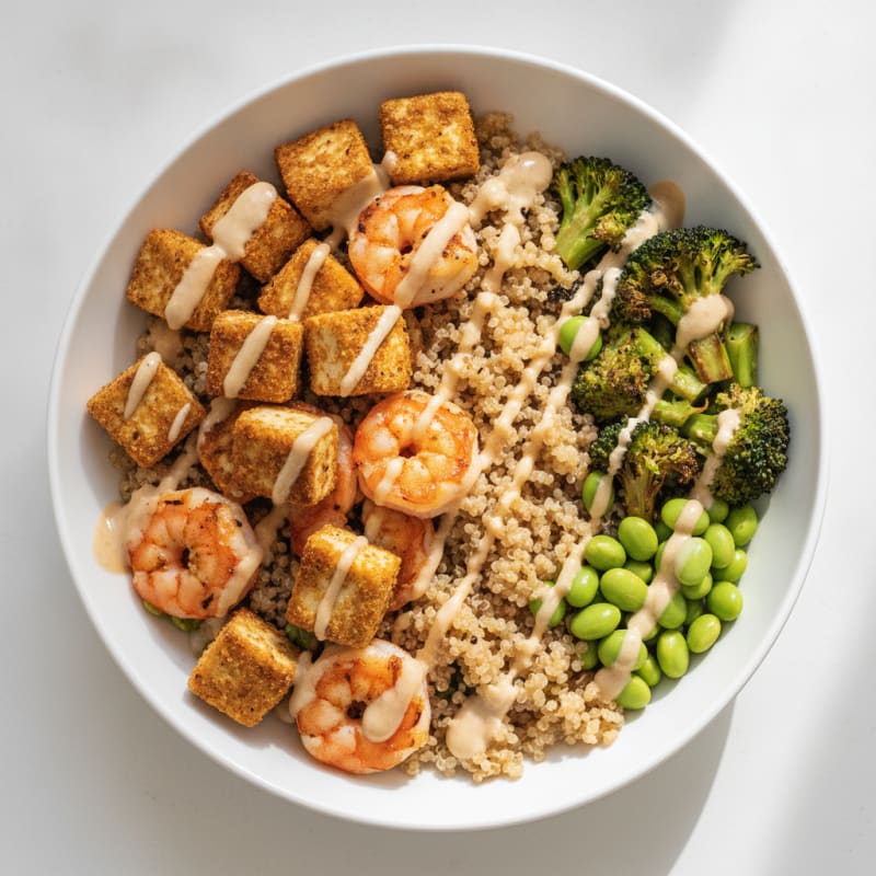 Crispy Tofu and Quinoa Power Bowl with Roasted Broccoli and Edamame