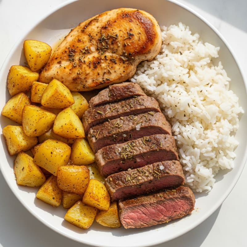 Herb-Roasted Chicken and Steak with Potatoes and Rice