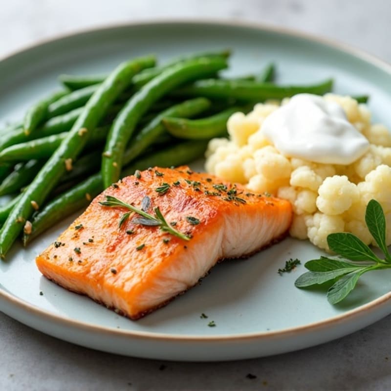 Seared Salmon with Garlic Green Beans and Mashed Cauliflower